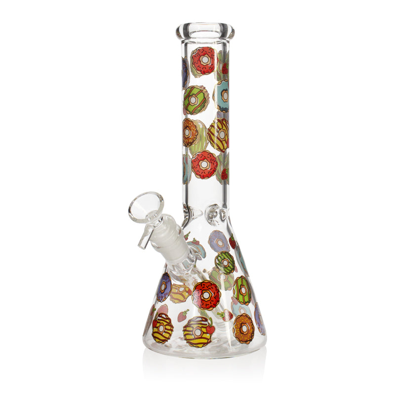Phoenix Star 10 inch donut print beaker bong in clear glass, far-left style, multicolor donut decals