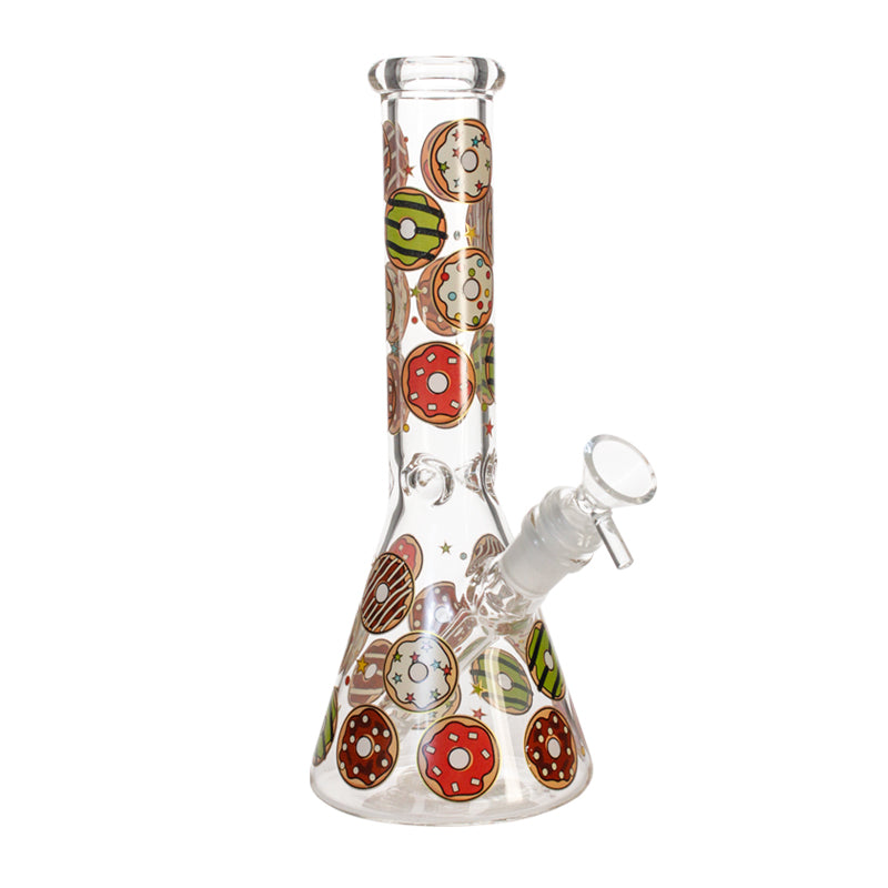 Phoenix Star 10 inch beaker bong with all-over donut graphics, left-center style