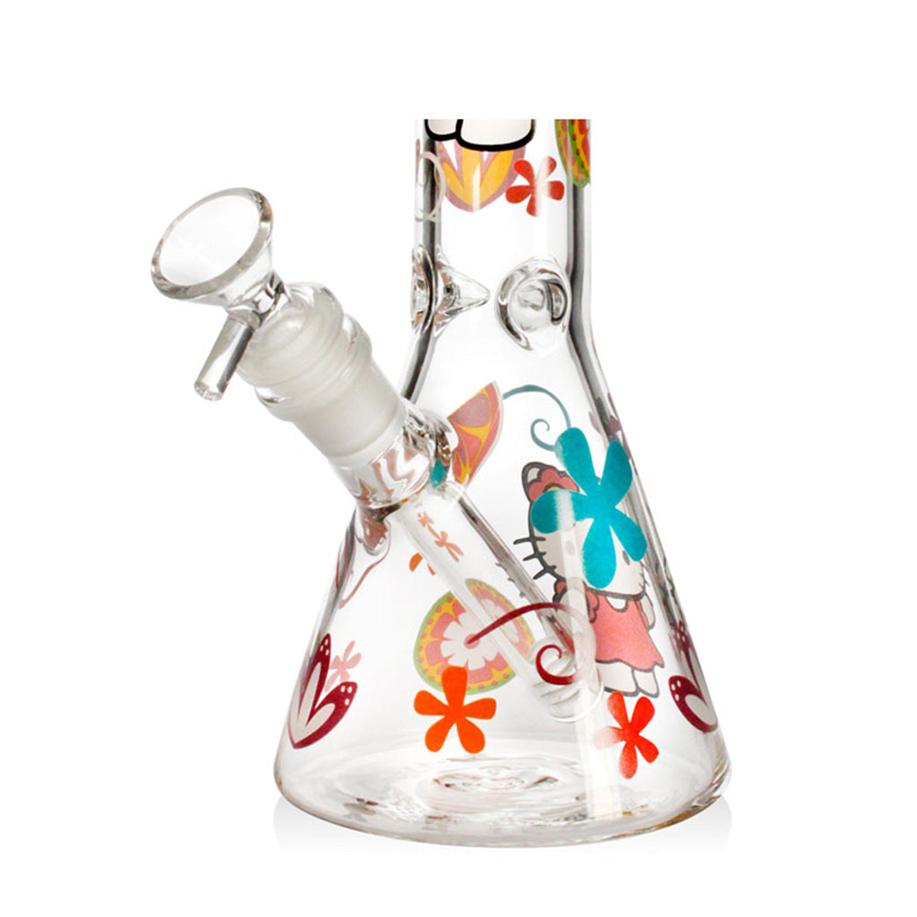 Detail of the beaker base with floral decals and the removable downstem on the 10-inch Hello Kitty beaker bong.