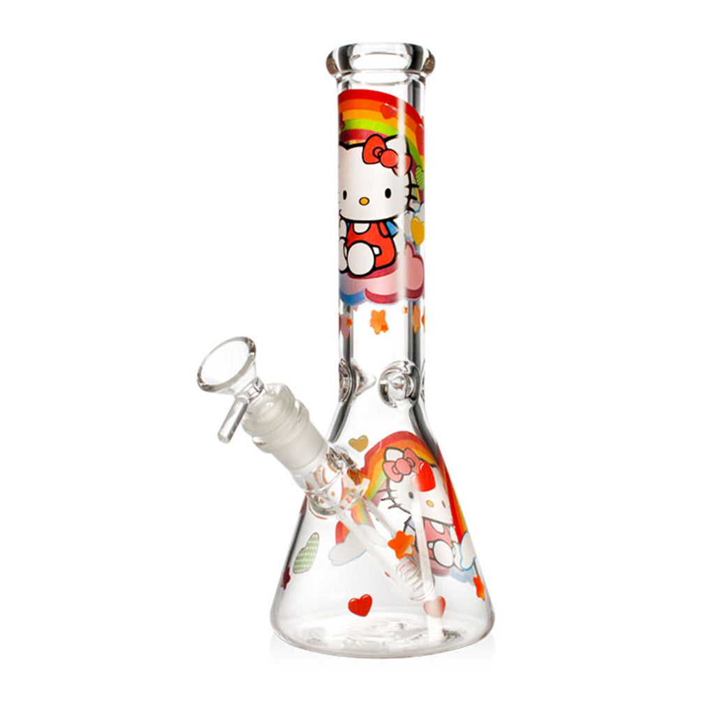 Clear 10 inch beaker bong with Hello Kitty rainbow artwork, removable downstem and glass bowl.
