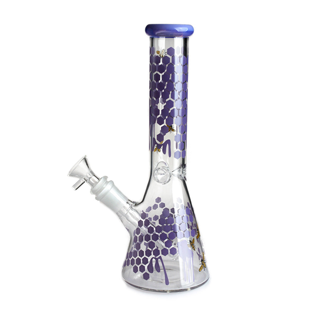 Rear-angle view of the 10" Honeybee Decals glass beaker pipe in purple, highlighting the beaker base and decal wrap.