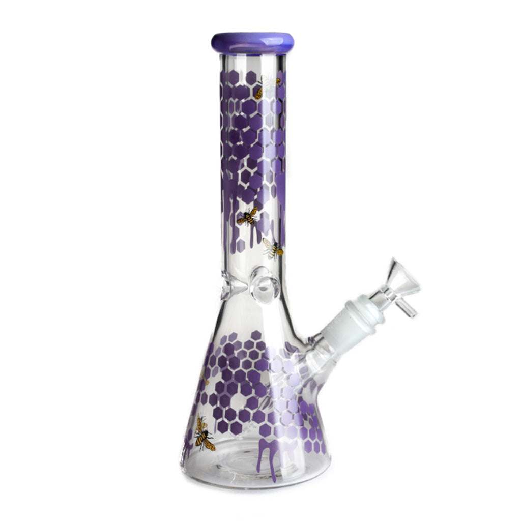 Left-angle shot of the purple Honeybee Decals 10-inch glass beaker pipe, with bees over a hexagon pattern.