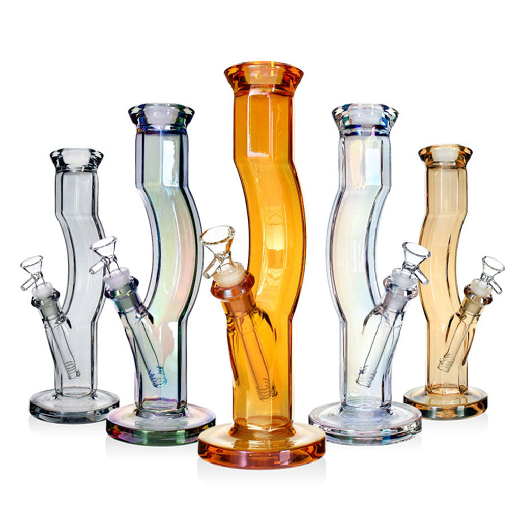Lineup of 12-inch Metallic Terminator Hydrus bongs with curved swan neck, with color variants at Fat Ass Glass