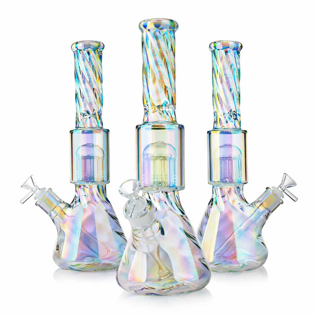 14 inch holographic rainbow glass bong with ice catcher shown in a set, available to buy online from Fat Ass Glass