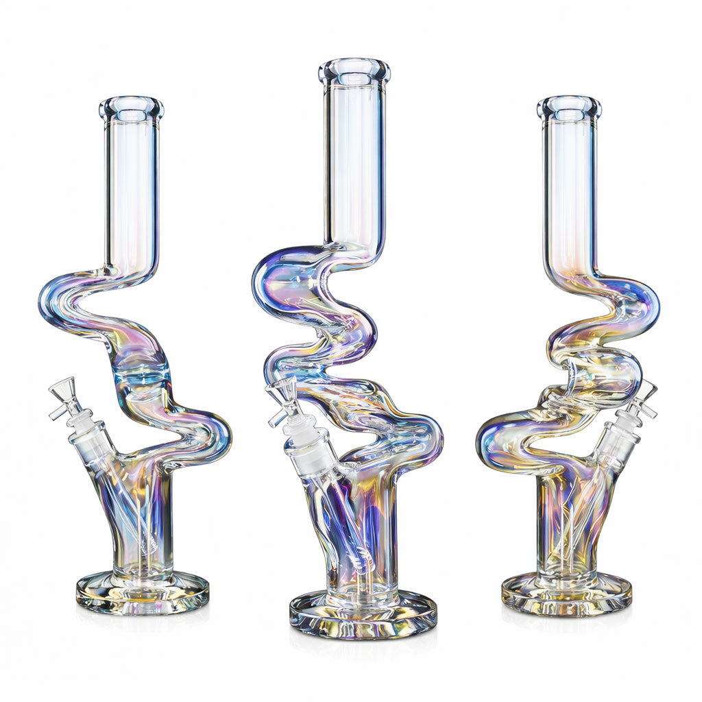ngled view of the 17 inch holographic rainbow Zong style glass bong with iridescent finish and bowl.