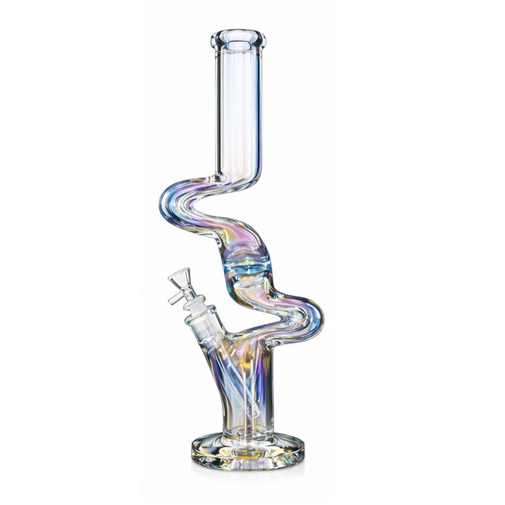 Close-up of the bent neck and joint area on the 17 inch holographic rainbow Zong style glass bong.