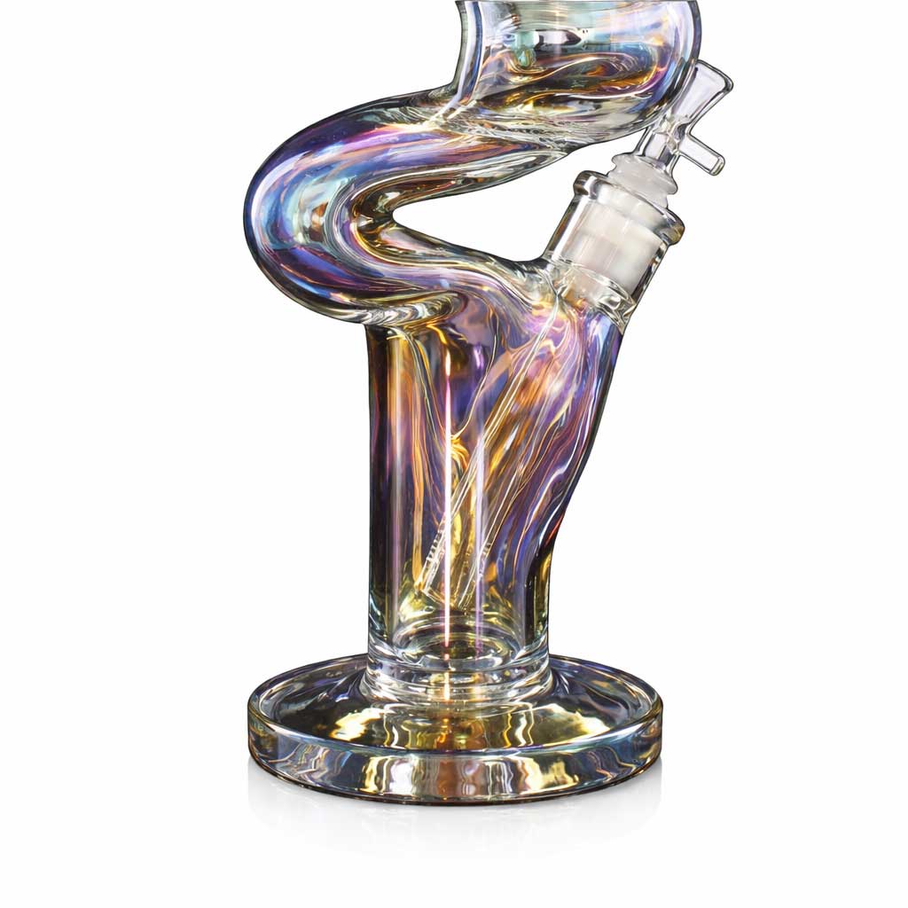 17 inch holographic rainbow Zong style glass bong with bent neck and iridescent finish.