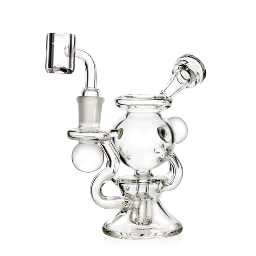 Mini Sphere Chamber Recycler Dab Rig in clear glass, 5.5 inches tall, full view with spherical chamber and recycler arms.