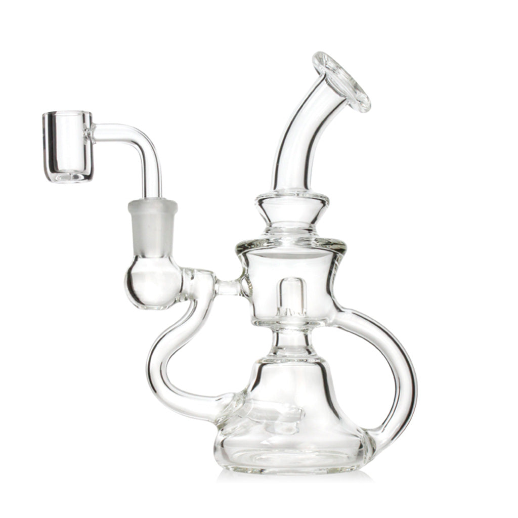 CycloneLoop Double-Chamber Mini Recycler Dab Rig, 6.8-inch clear glass, left-side profile with the banger on the left.