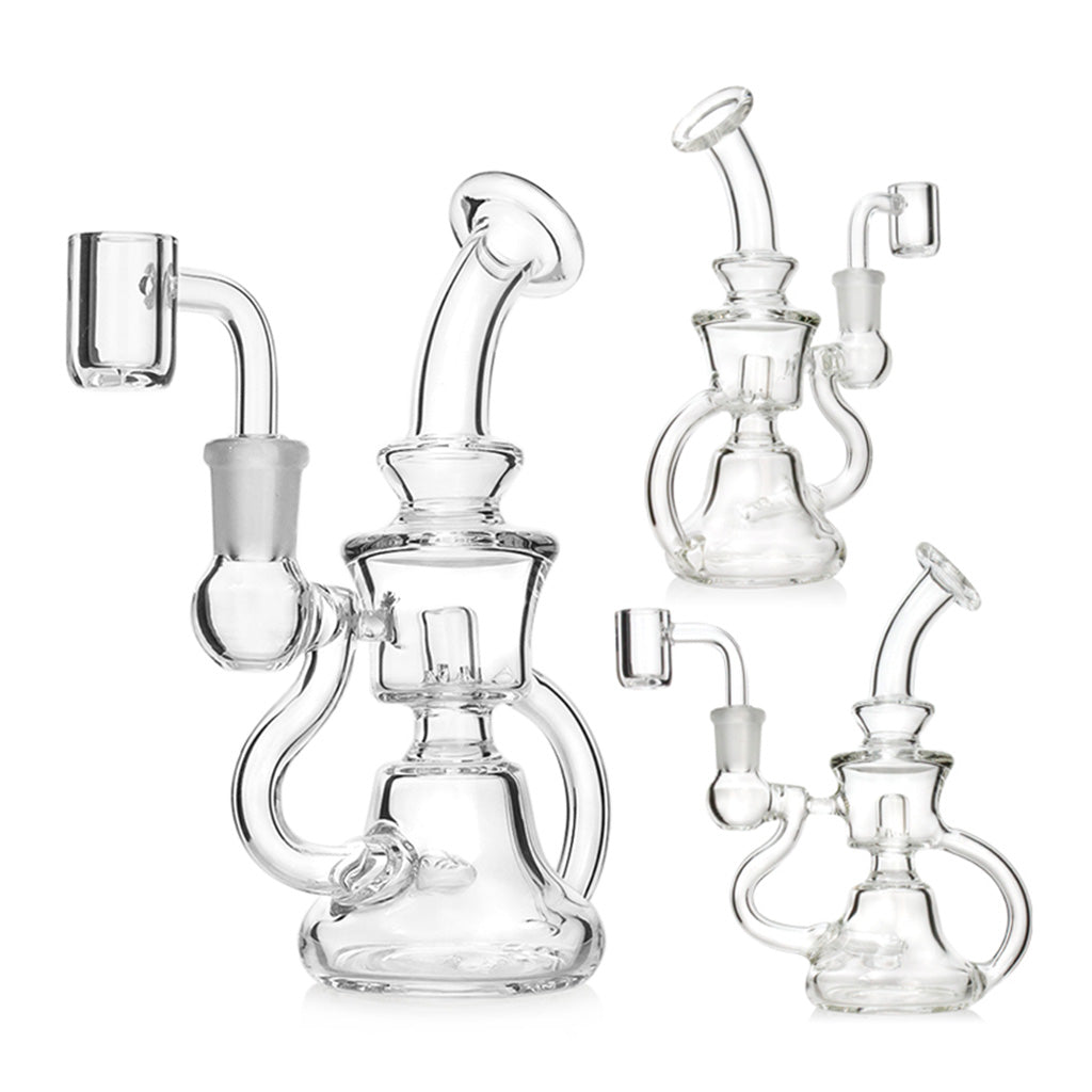 Trio layout of the clear CycloneLoop Double-Chamber Mini Recycler Dab Rig, showing multiple angles and the included banger.