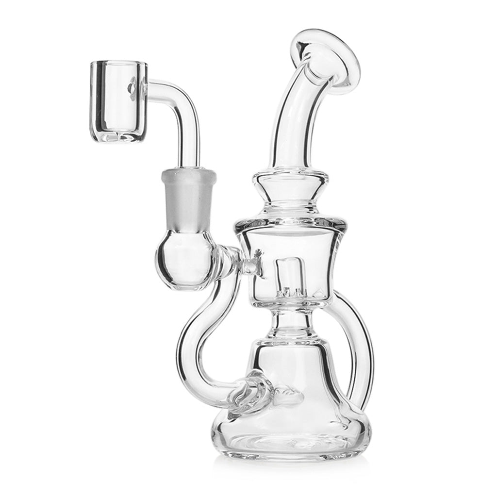 CycloneLoop Double-Chamber Mini Recycler Dab Rig, 6.8-inch clear glass, right-side profile with the banger on the right.