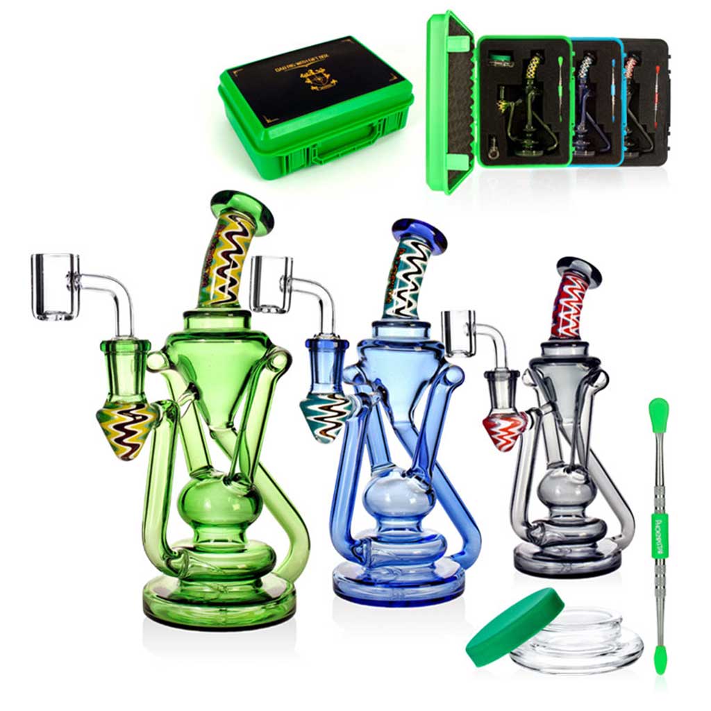 Lineup of Cyclone Loop WigWag Neck Recycler Rigs (7.8-inch) in gray, blue, and green, with case & dab tools at FGC