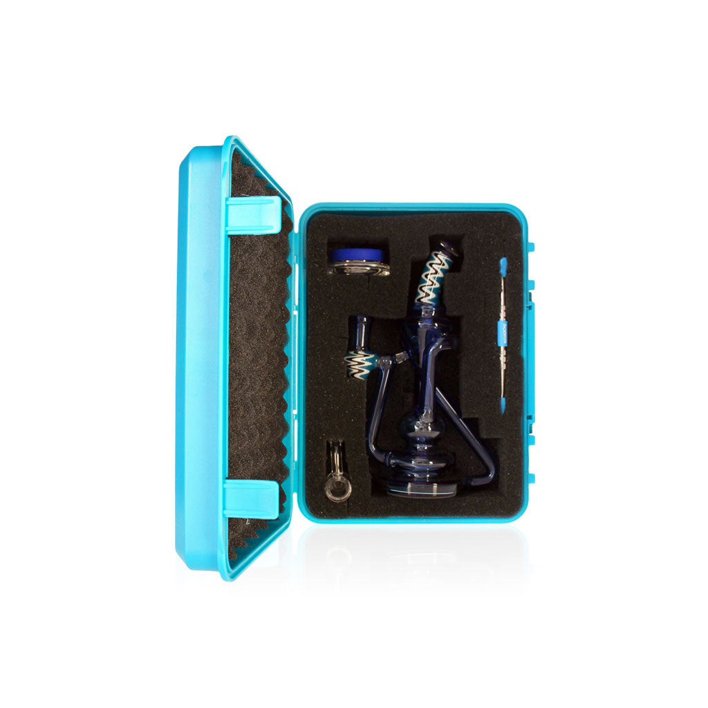 Blue Cyclone Loop WigWag Neck Recycler Rig packed in a protective hard case with quartz banger and dab tool slots.