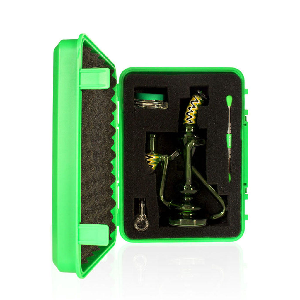 Open green protective case showing foam-cut Cyclone Loop WigWag Neck Recycler Rig kit with rig, banger, jar, and tool.