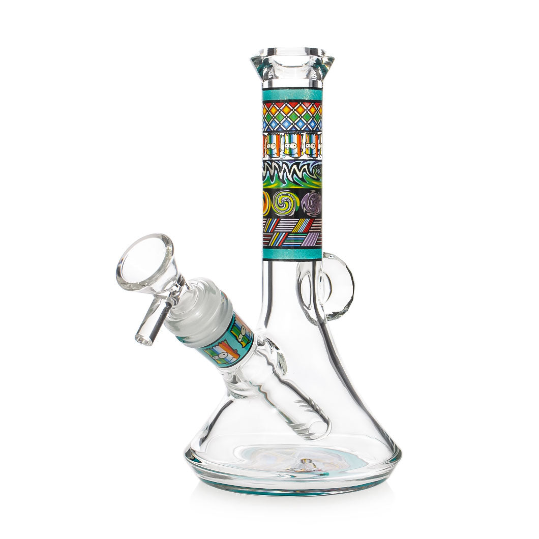 Vibrant Psychedelic Designs Beaker Bong in aqua, 7 inches tall, clear glass with a patterned neck band