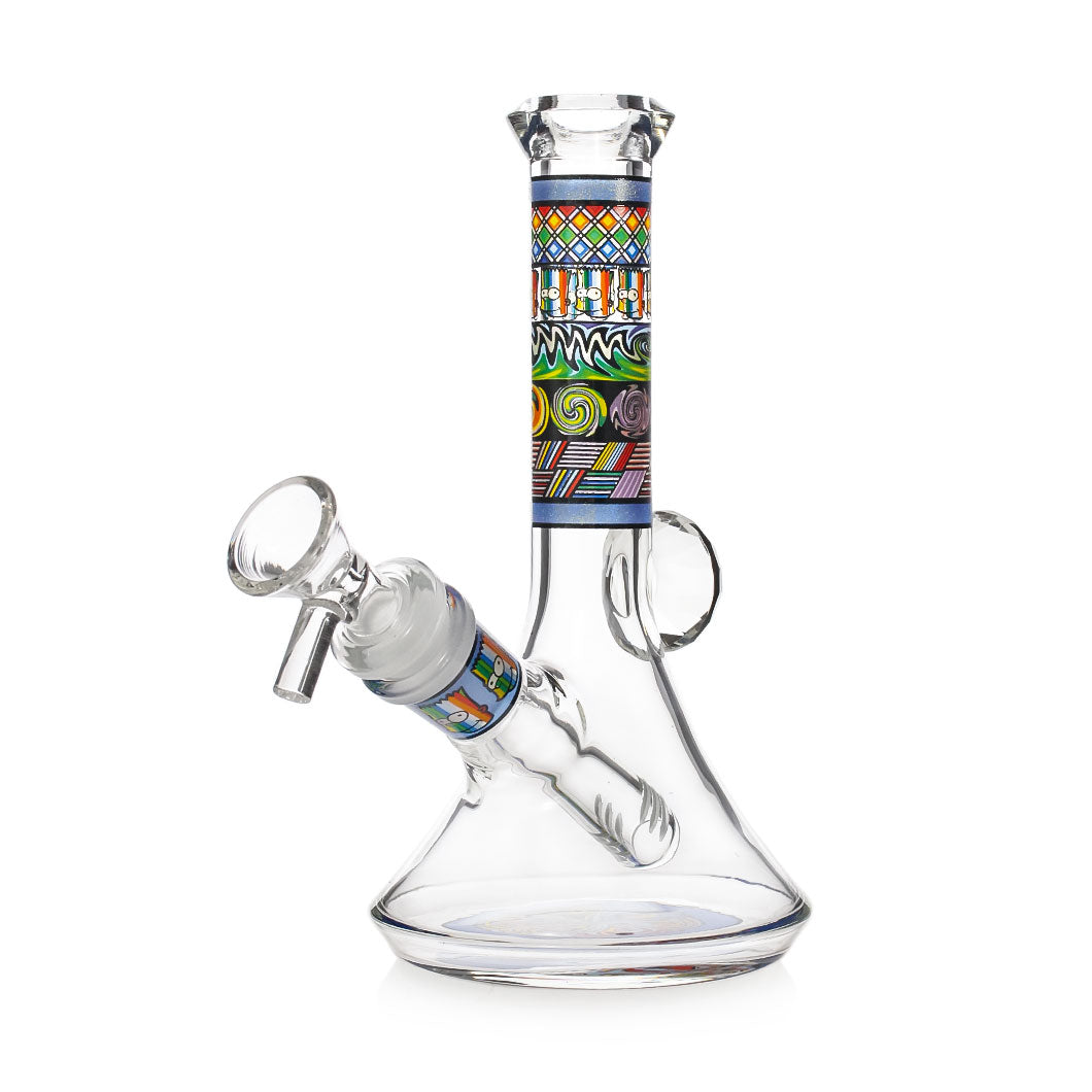 Vibrant Psychedelic Designs Beaker Bong in green, 7 inches tall, clear glass with a patterned neck band