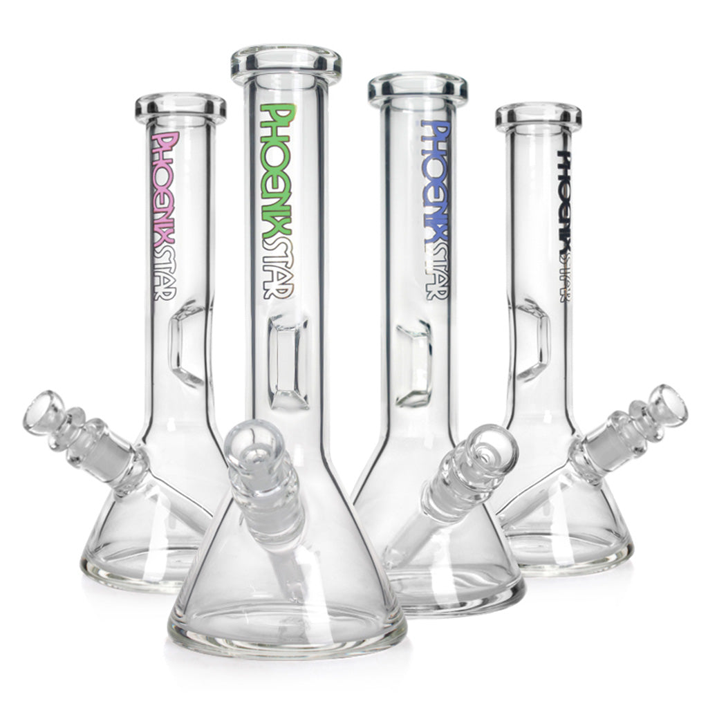 Group shot of Phoenix Star 8.6-inch beaker bongs in assorted logo colors, each with a glass downstem and beaker base.