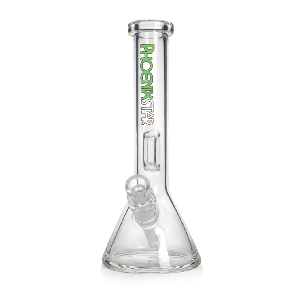 Full product shot of the clear glass 8.6-inch Phoenix Star beaker bong with removable downstem and green logo