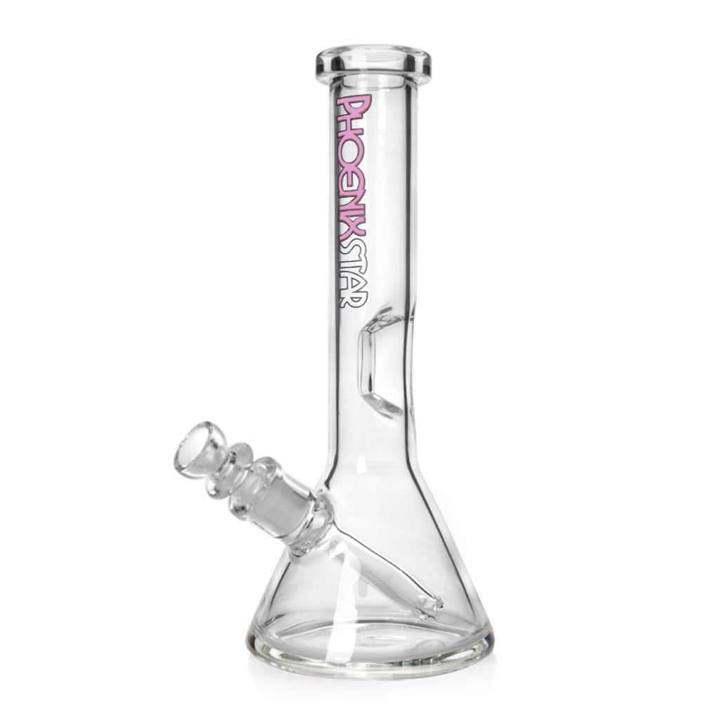 Full product shot of the clear glass 8.6-inch Phoenix Star beaker bong with removable downstem and pink logo