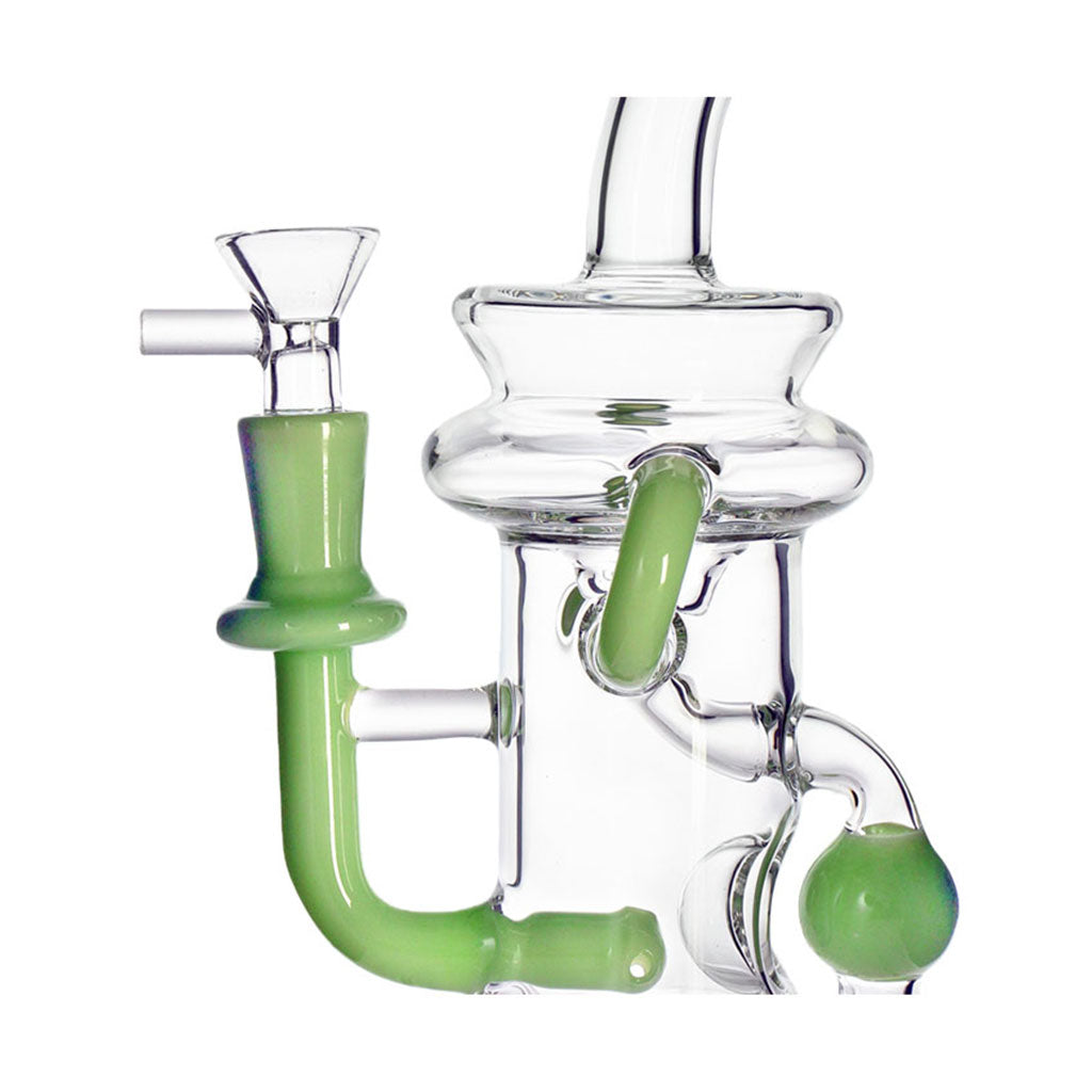 Joint and recycler arm detail of the milk green 8 Inch Color Accent Ball Glass Recycler Dab Rig