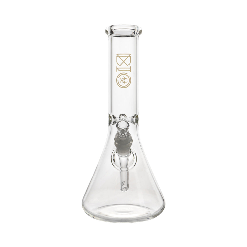 Front View Of The Bio 50 X 5 Beaker Bong Made From Clear Glass With Gold Bio Logo Available At FGC
