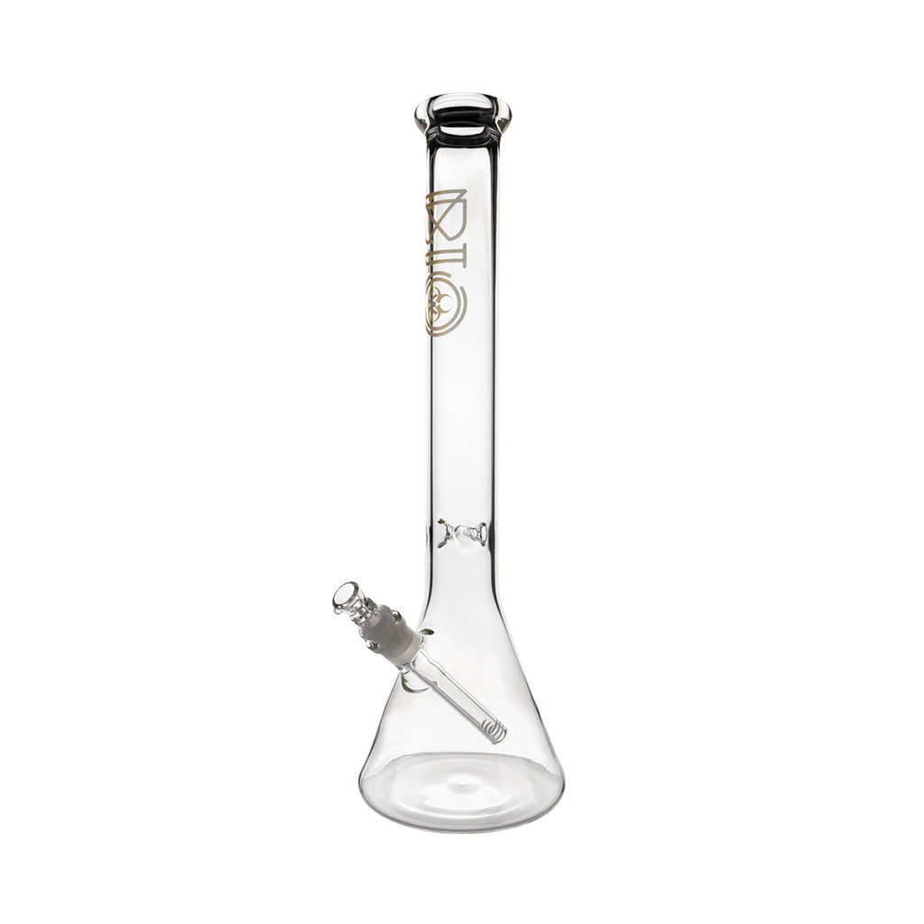 Angled Side View Of Bio 50 X 5 Beaker Bong In Gold Colors, Showcasing Clear Glass And Downstem Facing Right