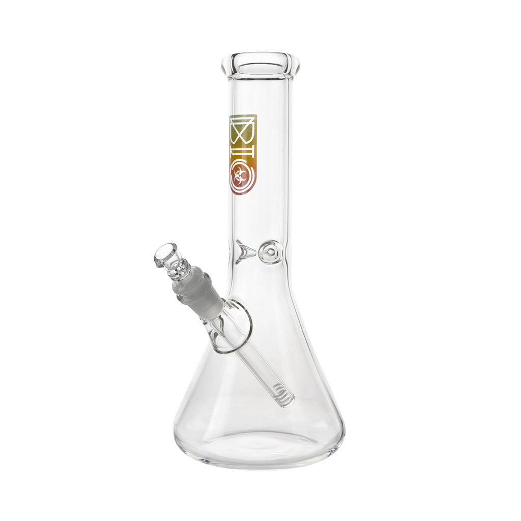 Angled Side View Of Bio 50 X 5 Beaker Bong In Rasta Colors, Showcasing Clear Glass And Downstem Facing Right