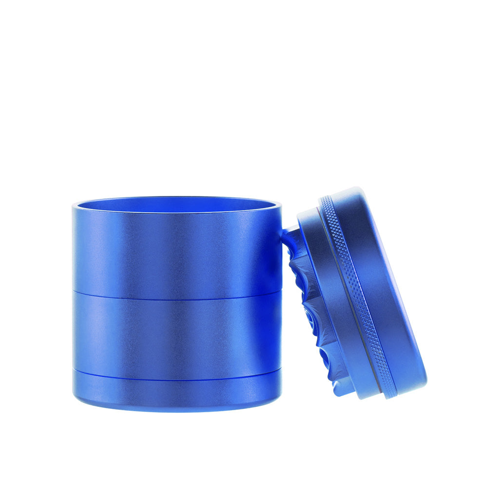 Side View of BIO 5-Piece Aluminum Toothless Grinder In Blue With Open Lid – FGC