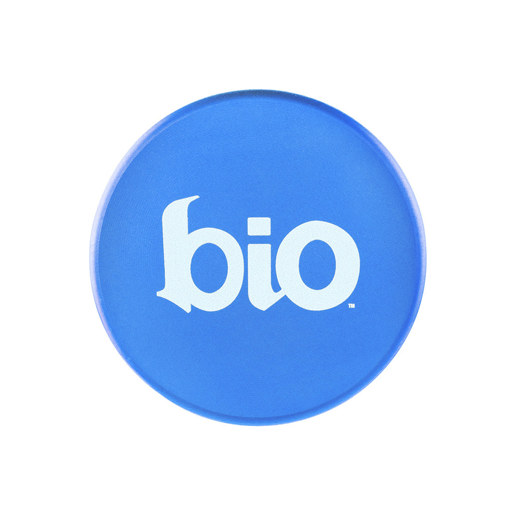 Top Lid of BIO 5-Piece Aluminum Toothless Grinder in Blue with BIO Logo – FGC