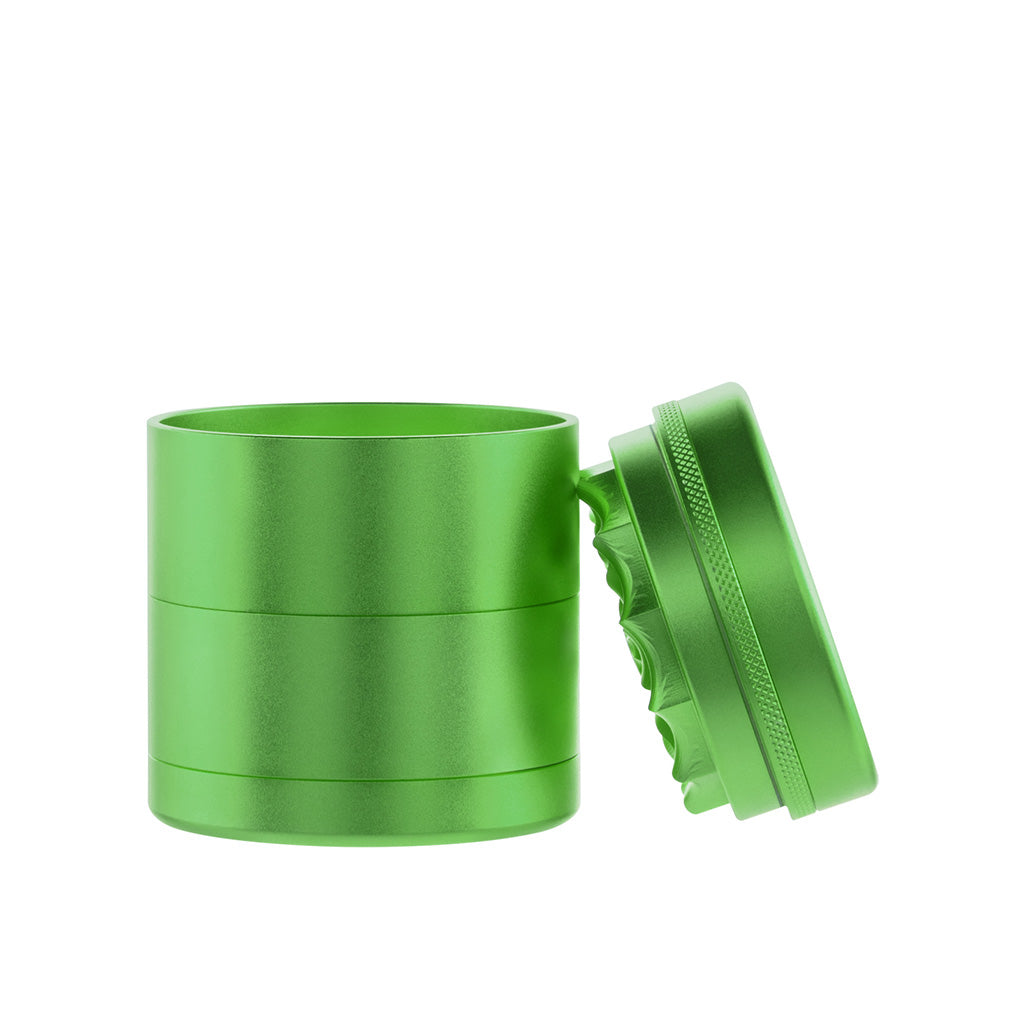 Side View of BIO 5-Piece Aluminum Toothless Grinder in Green with Open Lid – FGC