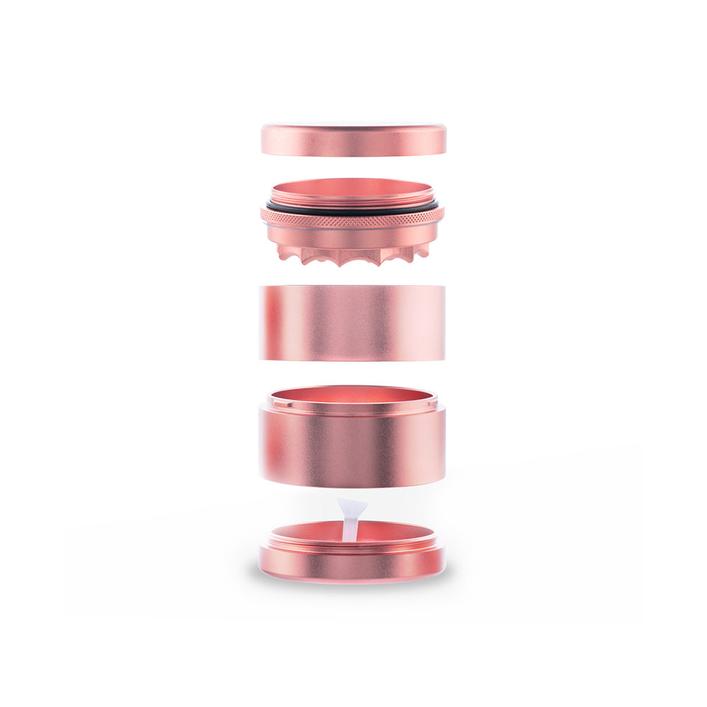 Exploded View of BIO 5-Piece Aluminum Toothless Grinder In Pink With All Components – FGC