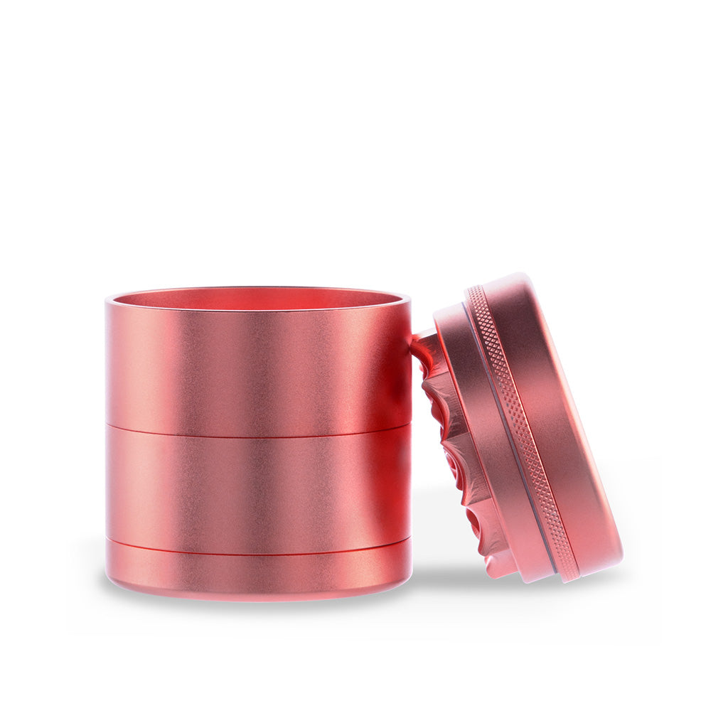 Side View of BIO 5-Piece Aluminum Toothless Grinder In Pink With Open Lid – FGC