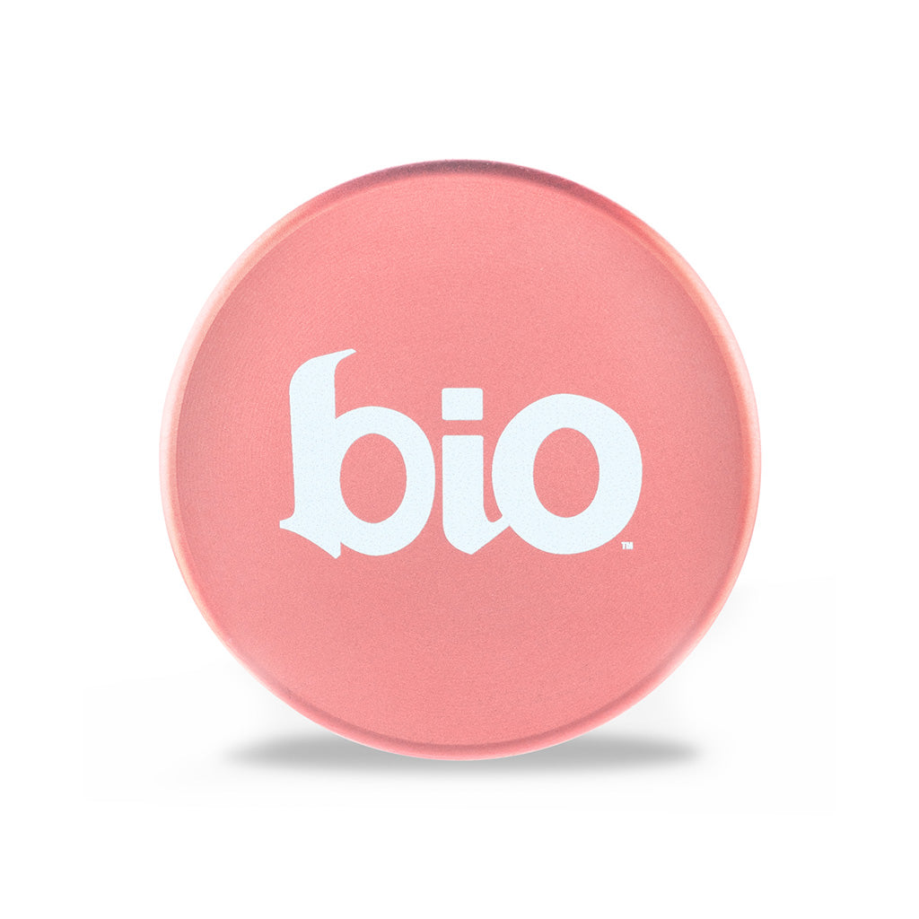 Top Lid of BIO 5-Piece Aluminum Toothless Grinder In Pink With BIO Logo – FGC