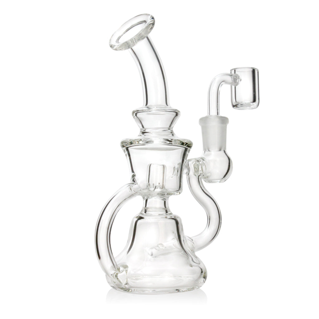 CycloneLoop Double-Chamber Mini Recycler Dab Rig, 6.8-inch clear glass, left-side profile with the banger on the left.