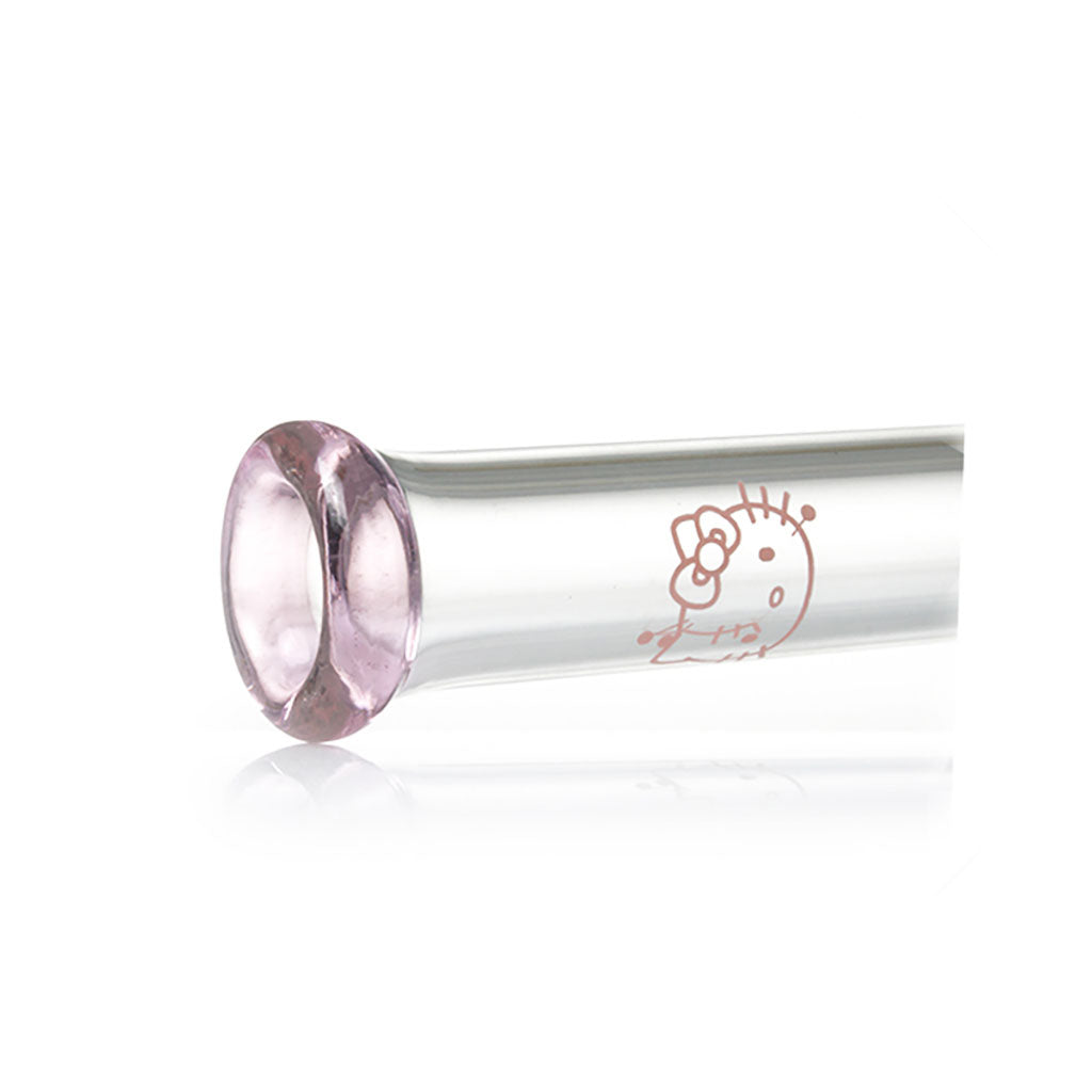 Detail view of Hello Kitty logo on pink glass beaker bong for sale