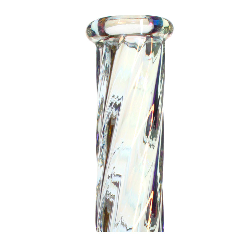 Close-up of holographic twisted neck design on 10-inch Rainbow Beaker glass water pipe