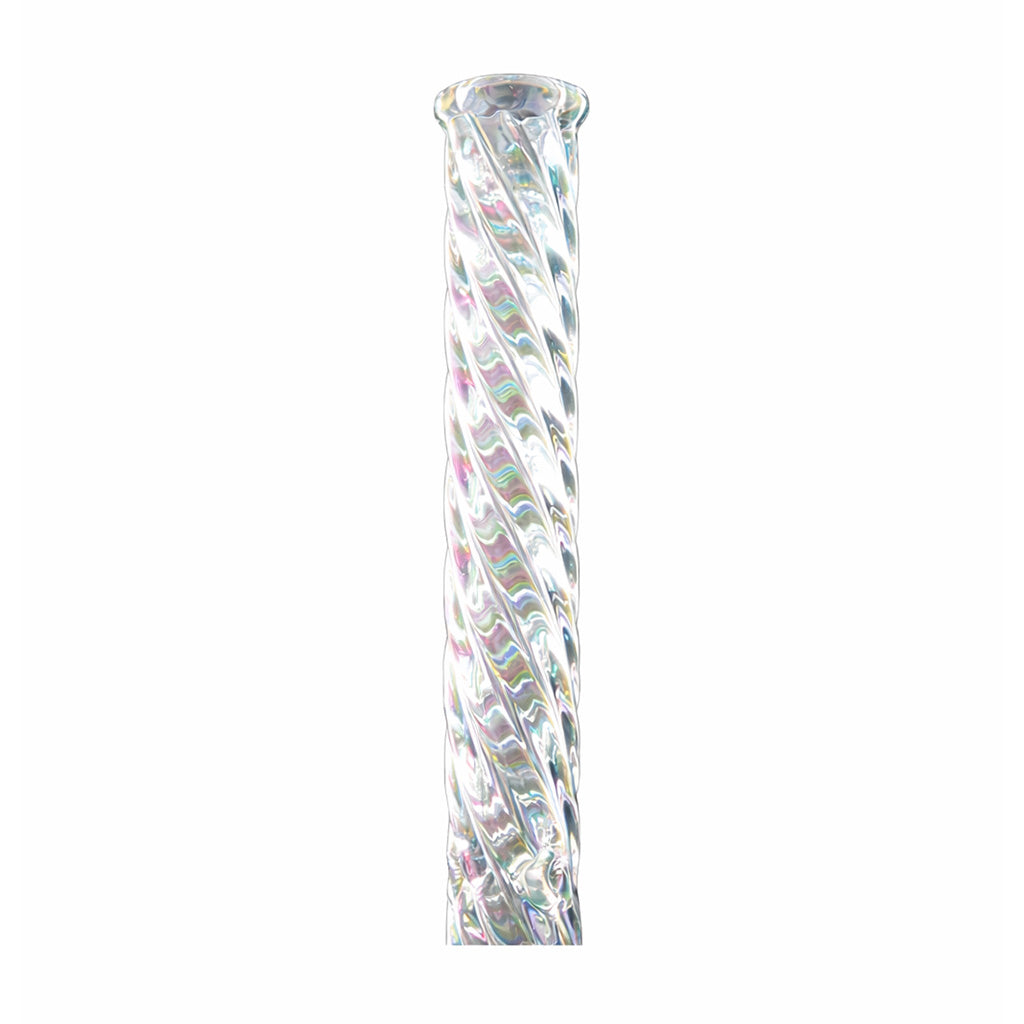 Detailed closeup of twisted holographic rainbow glass on 16 inch thick straight tube bong for sale online