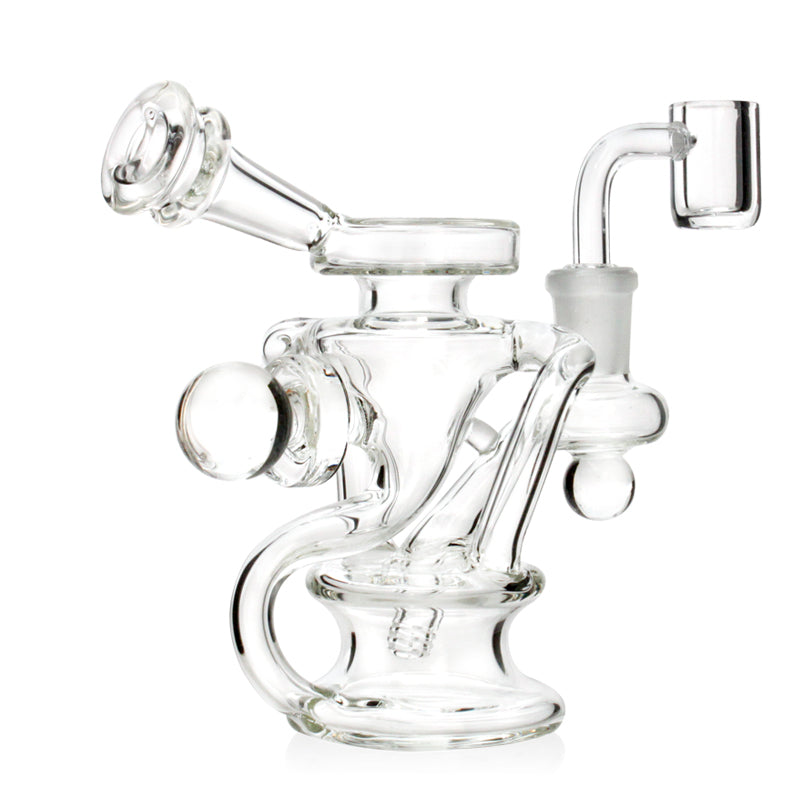 Angled view of a 5-inch 14mm Mini Recycler thick glass dab rig with recycler arms and quartz banger