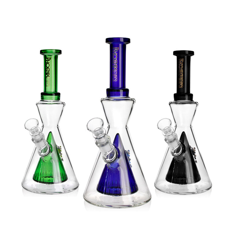 Phoenix Star 10 inch pyramid percolator beaker bongs in black, blue, and green for sale at Fat Ass Glass