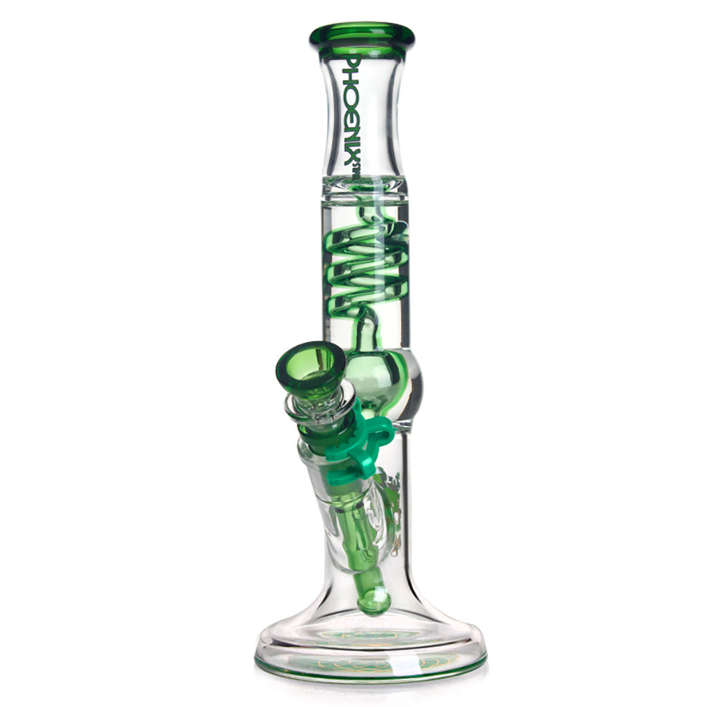 Buy 11 inch freezable Phoenix Star glycerin straight tube bong with green accent – premium cold-filtered glass bong for sale