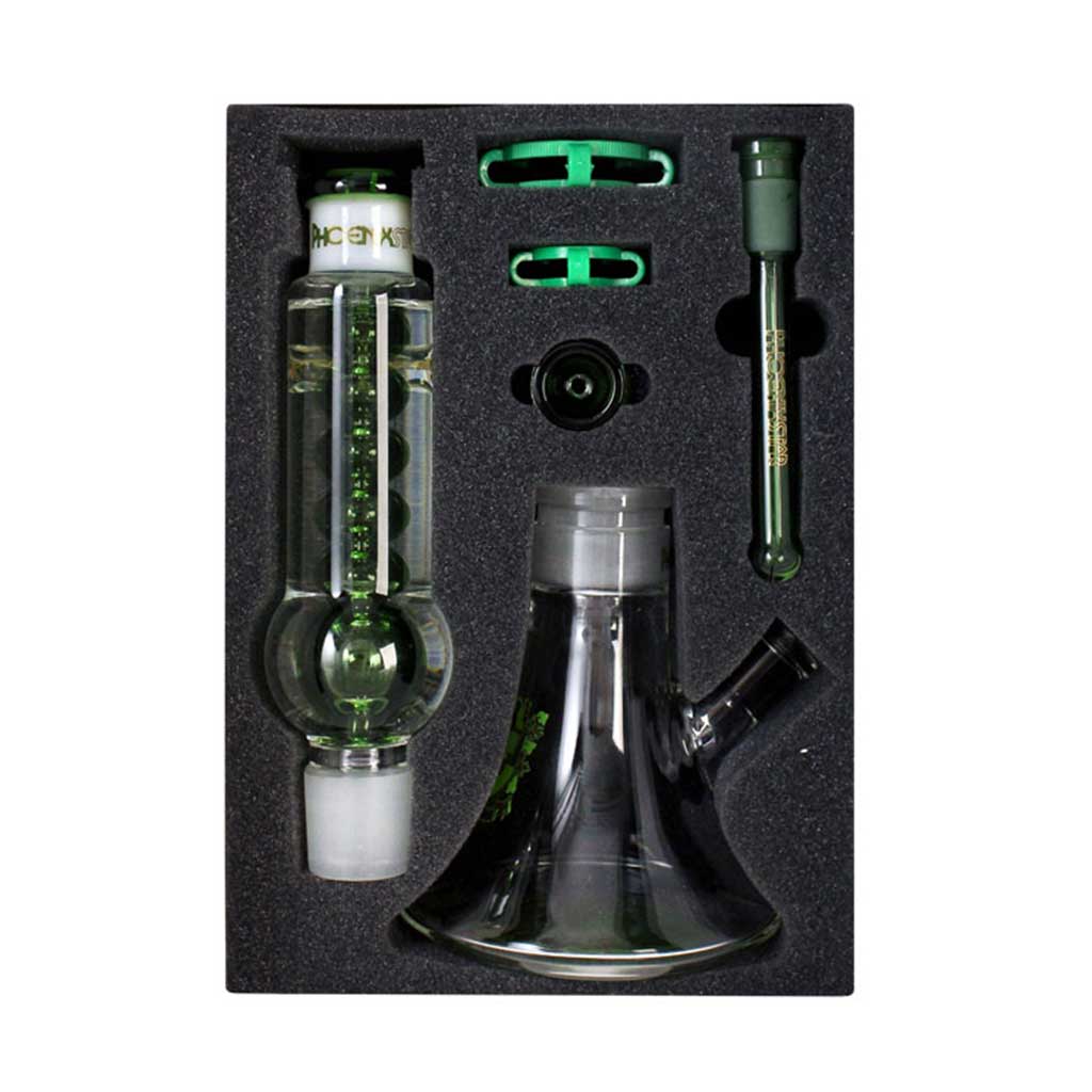 Foam insert of the Phoenix Star 13 inch portable freezable coil bong kit with all green glass parts and clips