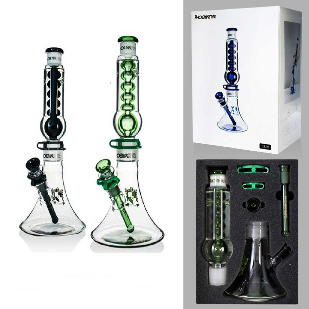 Phoenix Star 13 inch portable freezable coil bong kit showing black and green bongs box and foam insert
