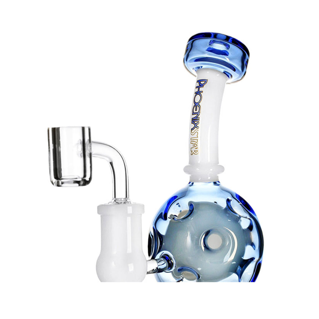 Phoenix Star branding on the blue 8 inch orb recycler dab rig with quartz banger, premium glass rig for sale