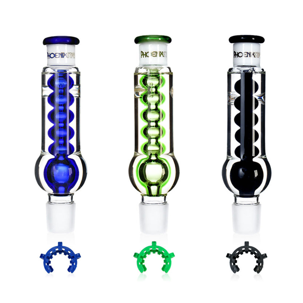 Phoenix Star freezable glycerin coil replacement tops in blue, green and black, highlighting the black coil option with clip, available at Fat Ass Glass.