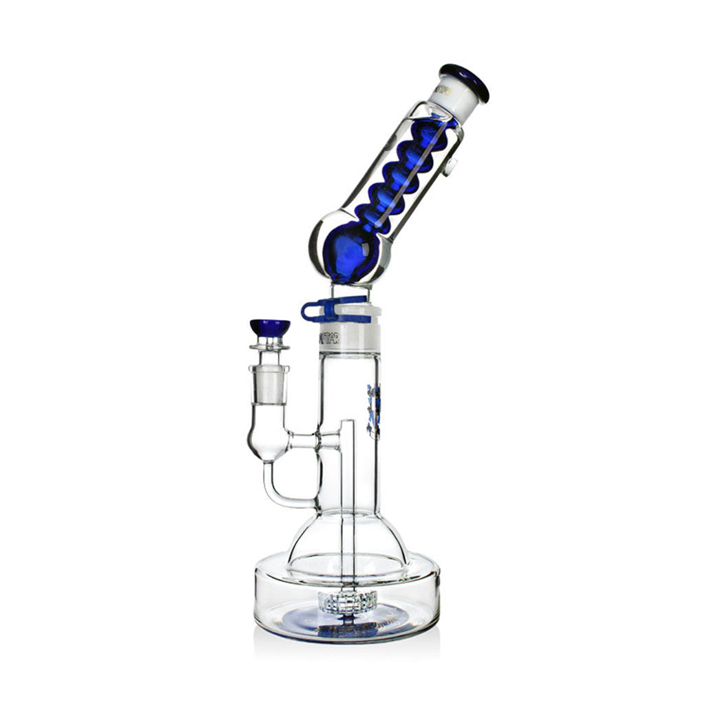Angled view of blue Phoenix Star glycerin condenser matrix perc bong with freezable chamber, premium glass bong for sale at Fat Ass Glass.