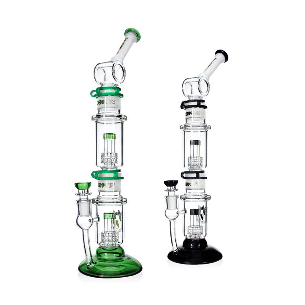 Close-up of green Phoenix Star modular triple stack bong base with double matrix perc, ready to buy at Fat Ass Glass.