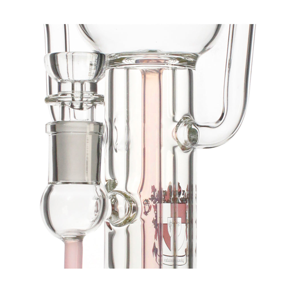 Closeup of Phoenix Star recycler bong joint in pink – buy quality recycler bongs online 8. Phoenix Star recycler bong pink base detail – order 15.5 inch glass bongs at Fat Ass Glass