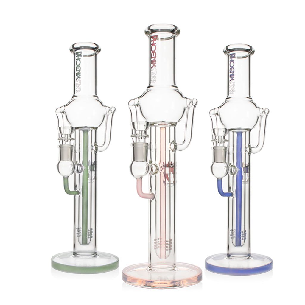 Shop Phoenix Star 15.5 inch straight tube recycler bongs in green, pink, and blue – available now at Fat Ass Glass