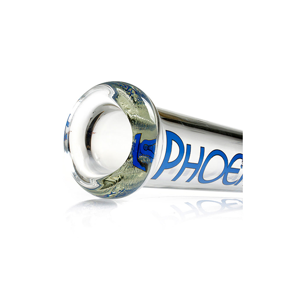 Close-up of blue mouthpiece on Phoenix Star 18 inch straight tube bong – thick 7mm glass