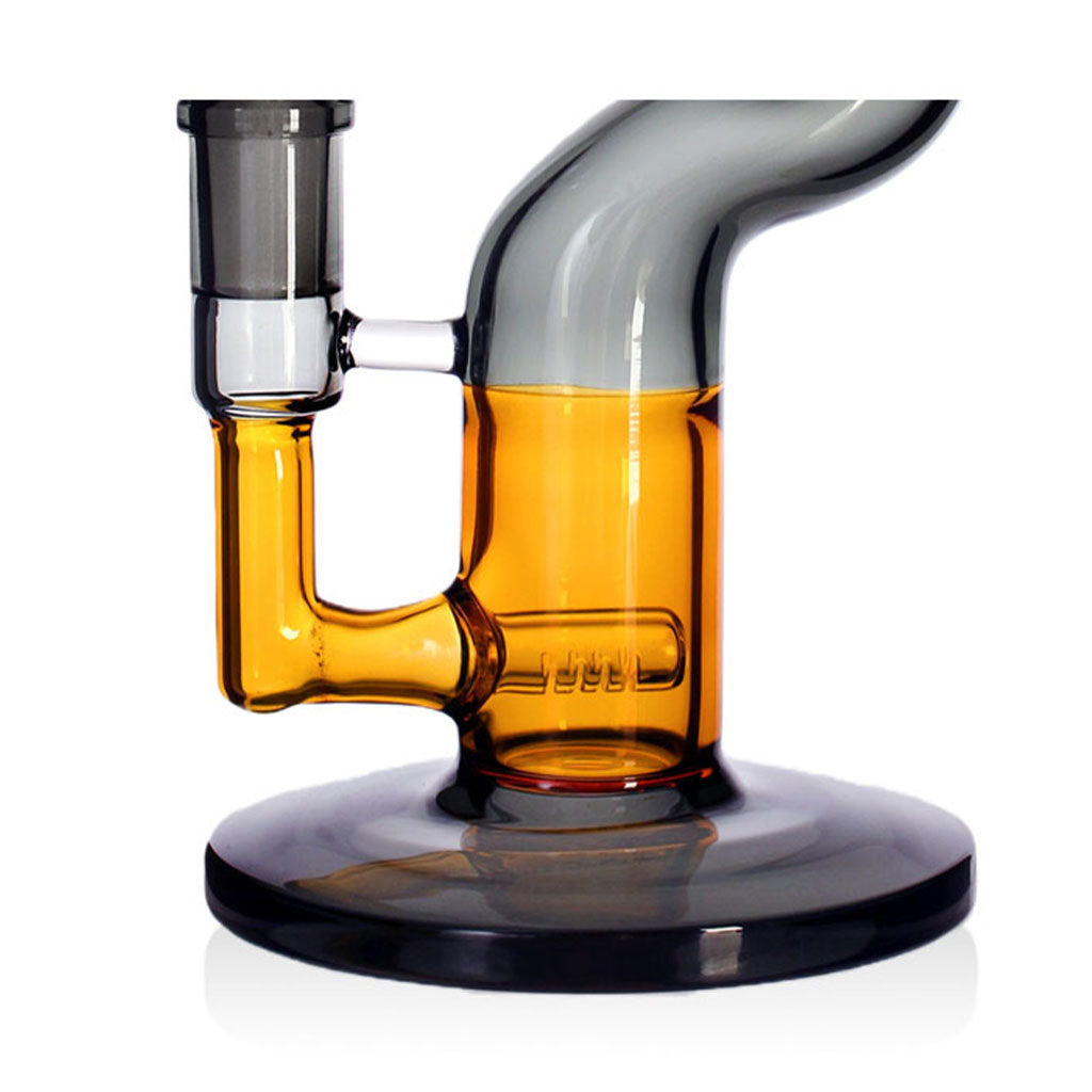 lose shot of the bowl joint area on the gray and amber Phoenix Star Zig Zag inline perc bong, available to order from Fat Ass Glass.